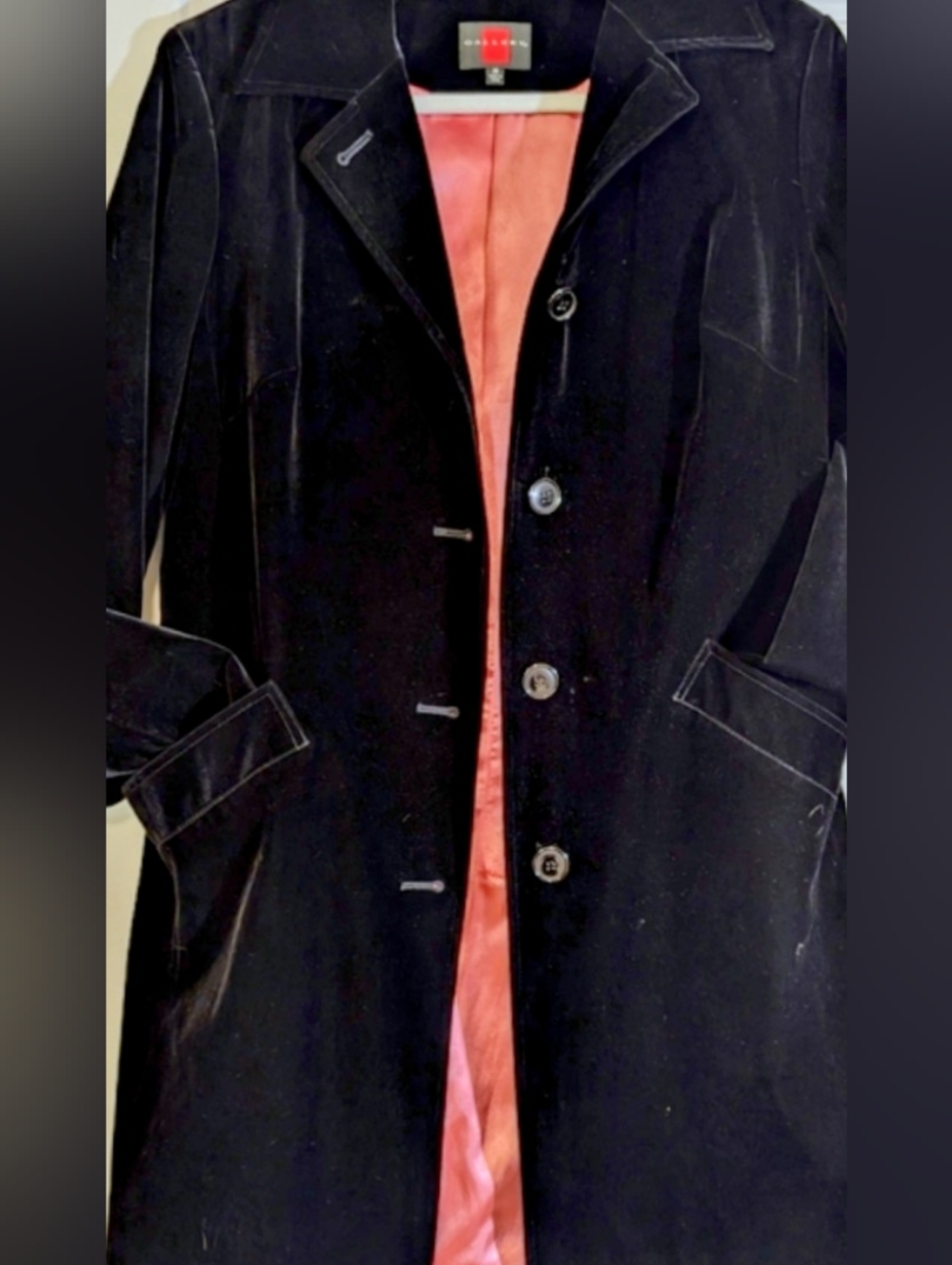 Gallery Black Velvet Trench Coat with Pink Lining
